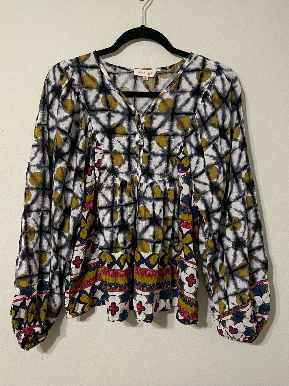 Solitaire Boho Peasant Blouse M Mixed Floral Print Balloon Sleeve Cotton Rayon